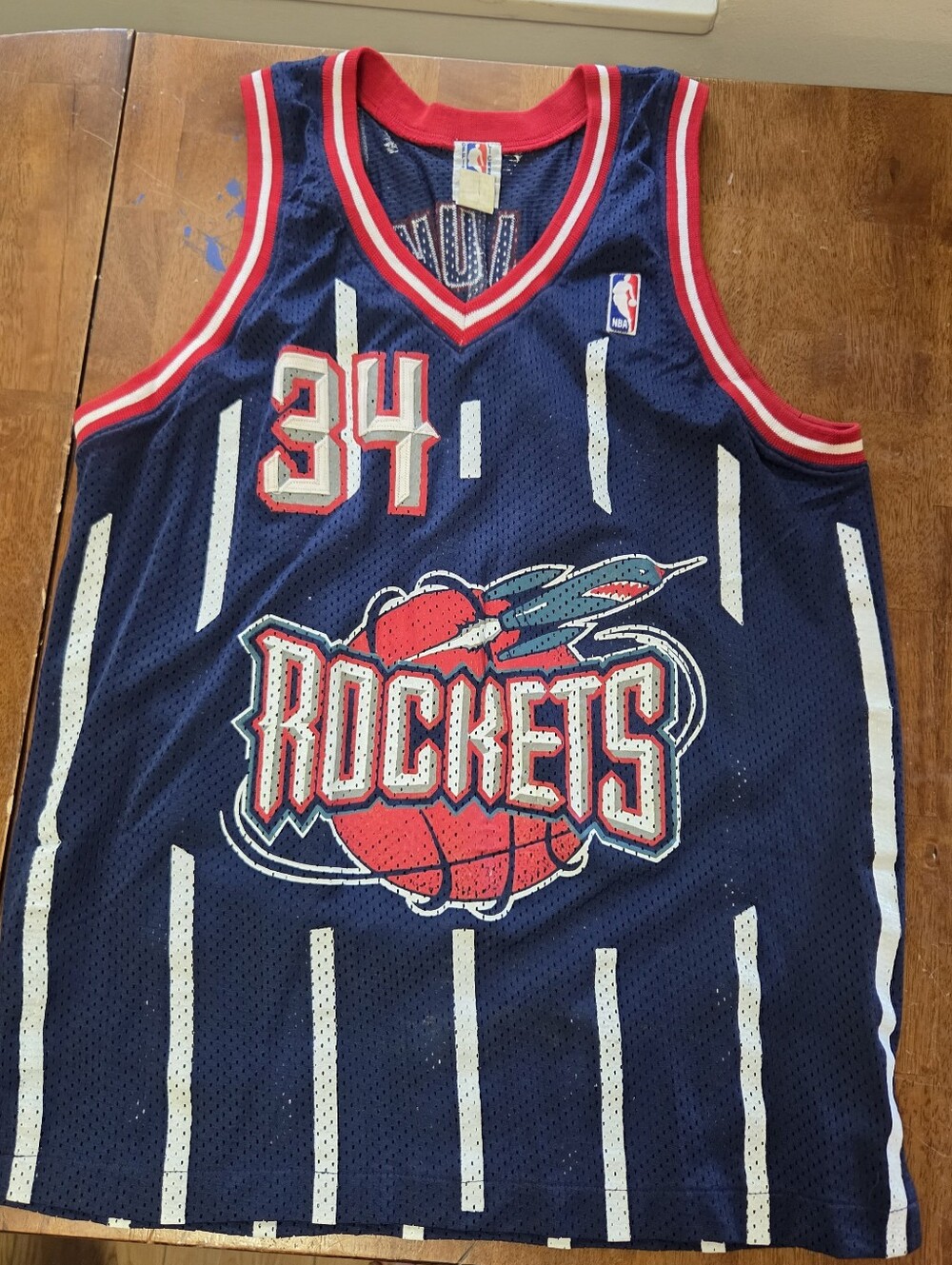 Vintage 90s Hakeem Olajuwon Houston Rockets Jersey Spalding Size L Stitched Blue